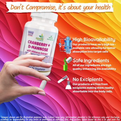 Ayushya Cranberry D-Mannose with Hibiscus Capsules Urinary UTI Bladder Wellness Support Cystitis - Vegan, Gluten Free, Non-GMO, 60 Capsules