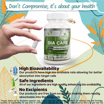 Ayushya Dia Care Capsules (Glucose Care Blend) Glucose Wellness Support - Vegan, Gluten Free, Non-GMO, 60 Capsules