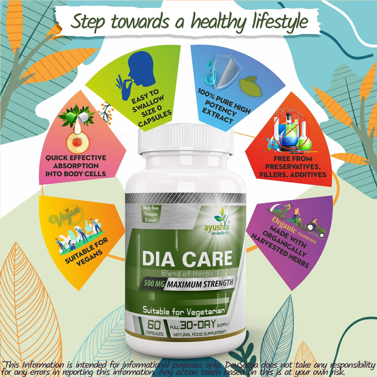 Ayushya Dia Care Capsules (Glucose Care Blend) Glucose Wellness Support - Vegan, Gluten Free, Non-GMO, 60 Capsules