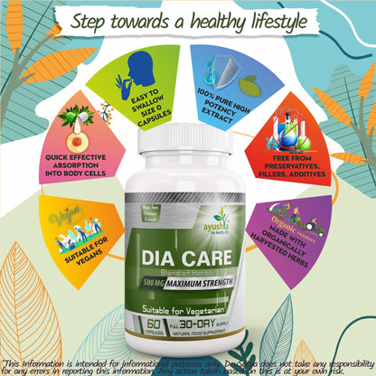 Ayushya Dia Care Capsules (Glucose Care Blend) Glucose Wellness Support - Vegan, Gluten Free, Non-GMO, 60 Capsules