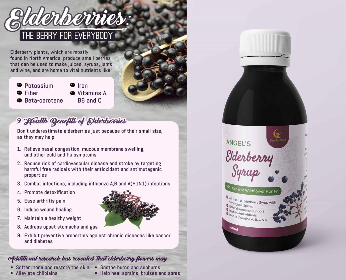 Angel's Elderberry Syrup with Organic Ingredients - Honey or Molasses(Vegan)