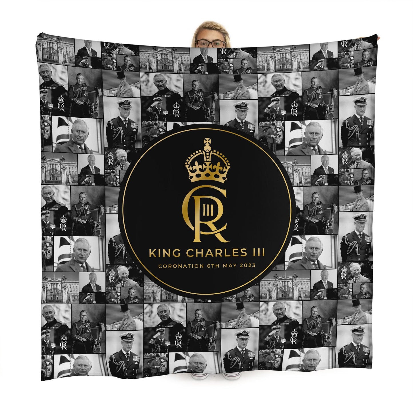 King Charles Coronation - B&W Collage - 150 x 150cm Fleece Blanket
