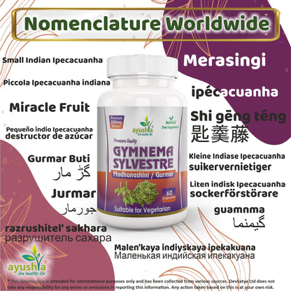 Ayushya Gymnema Sylvestre with Black Pepper Capsules (Madhunaashini, Gurmar) Glucose Wellness Support - Vegan, Gluten Free, Non-GMO, 60 Capsules