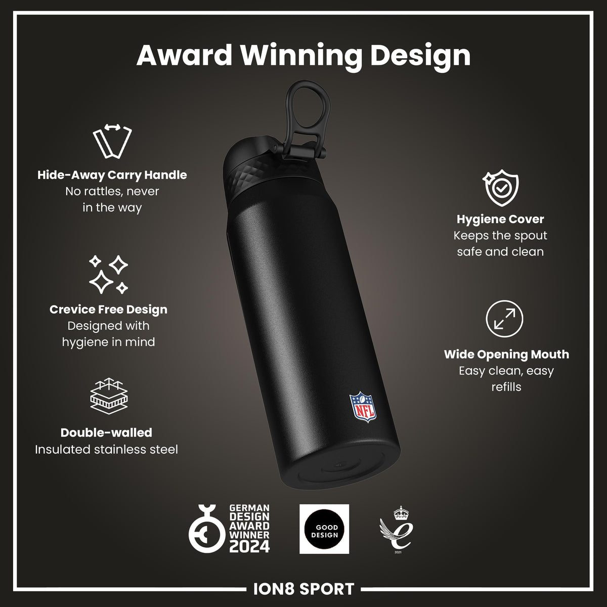 NFL x ION8 Insulated Steel Water Bottle, NFL Falcons, 750ml (24oz)