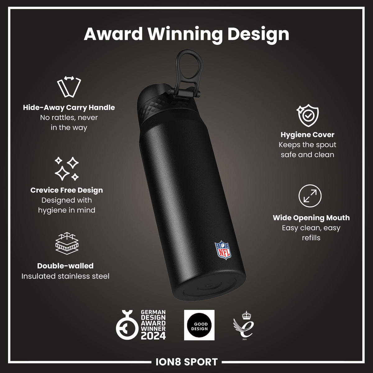 NFL x ION8 Insulated Steel Water Bottle, NFL Chiefs, 750ml (24oz)
