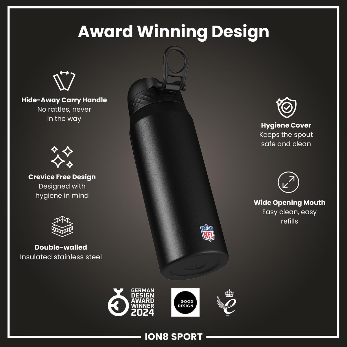 NFL x ION8 Insulated Steel Water Bottle, NFL Rams, 750ml (24oz)
