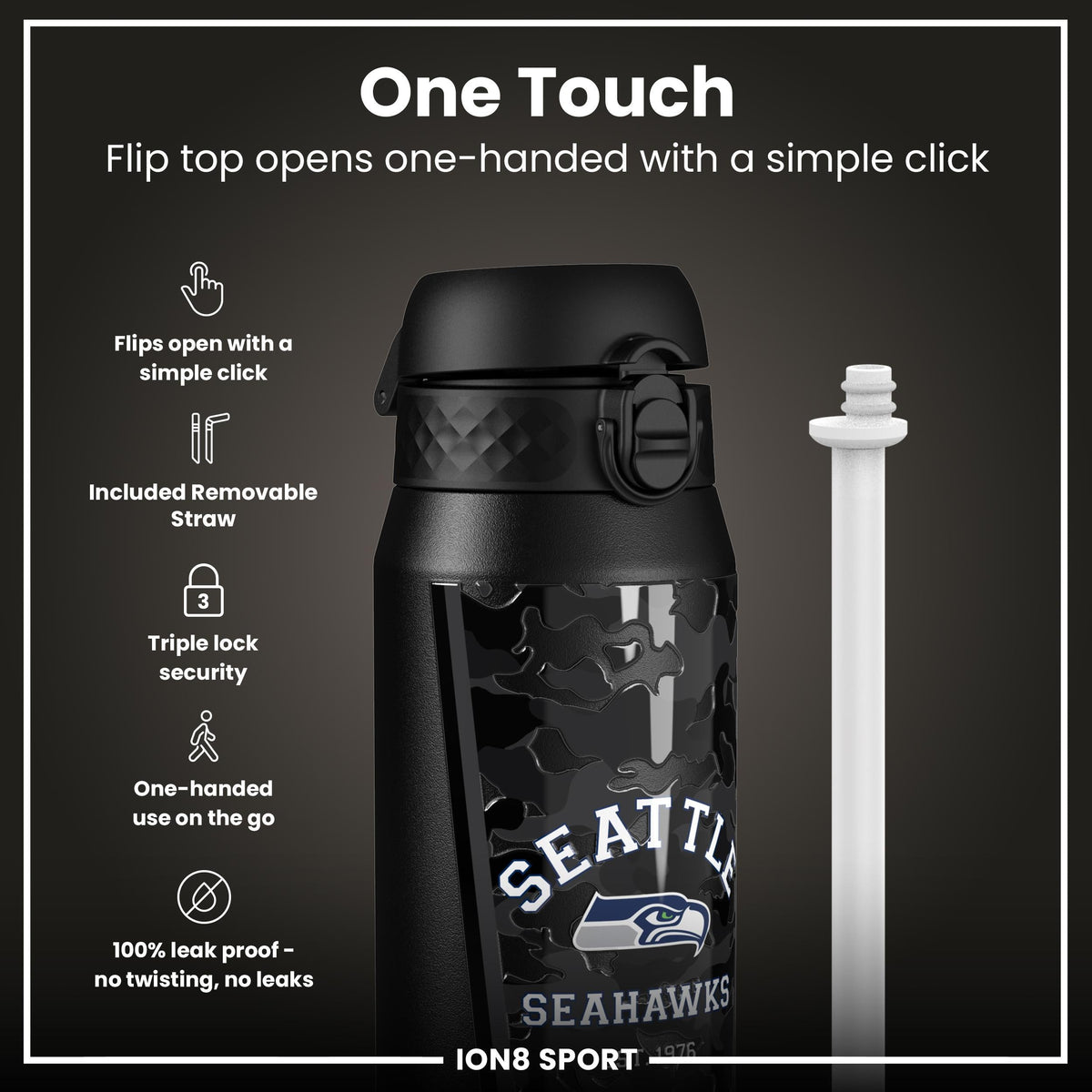 NFL x ION8 Insulated Steel Water Bottle, NFL Seahawks, 750ml (24oz)