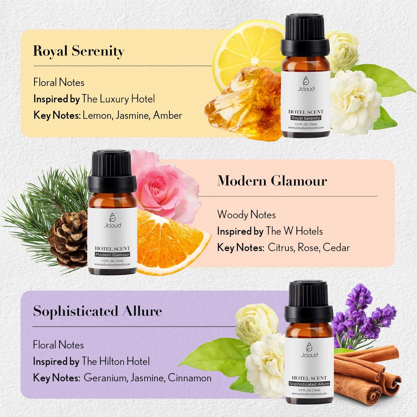 JCLOUD Hotel Diffuser Oils Set — Top 6 Luxury Hotel-Inspired Essential Oils (6x10mL)