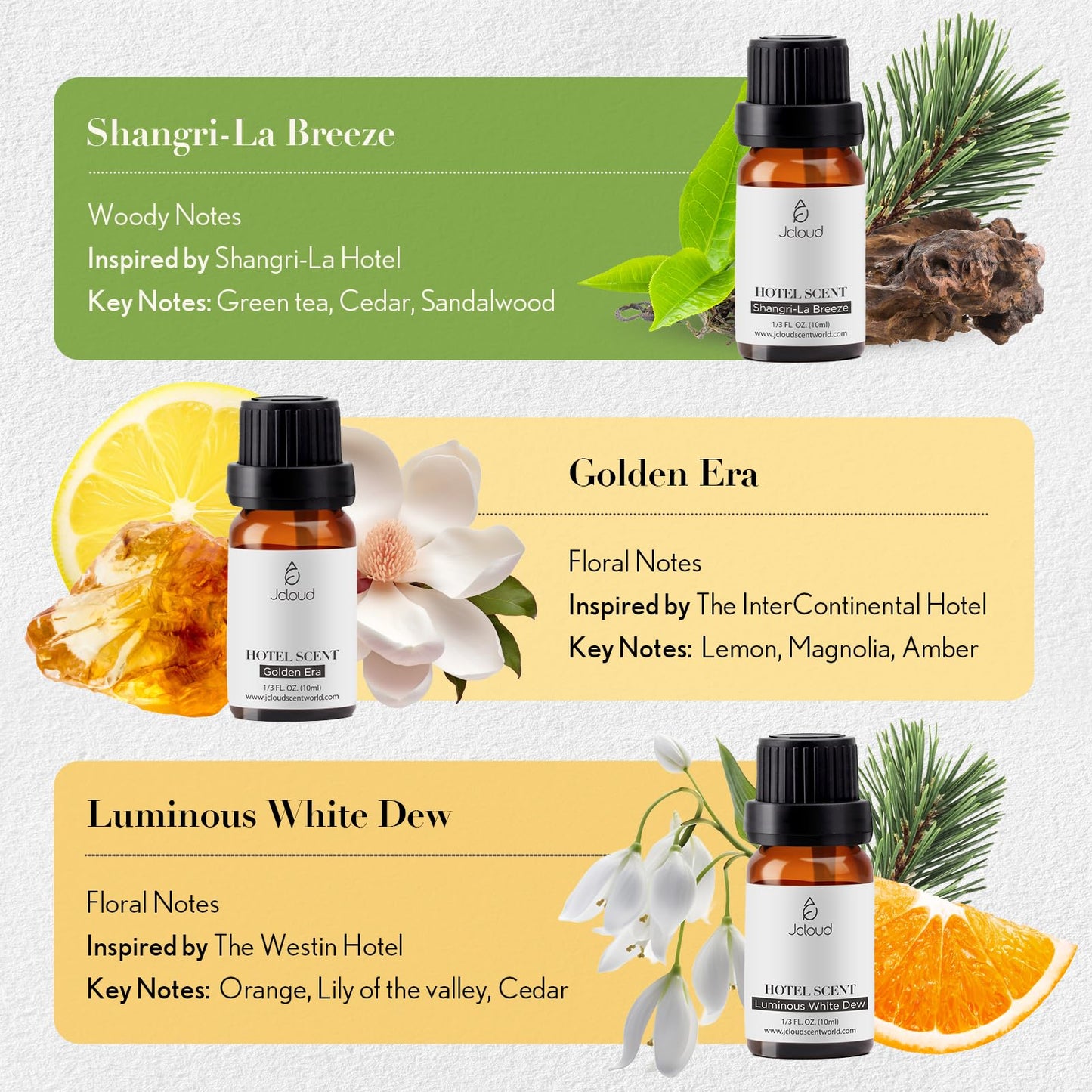 JCLOUD Hotel Diffuser Oils Set — Top 6 Luxury Hotel-Inspired Essential Oils (6x10mL)