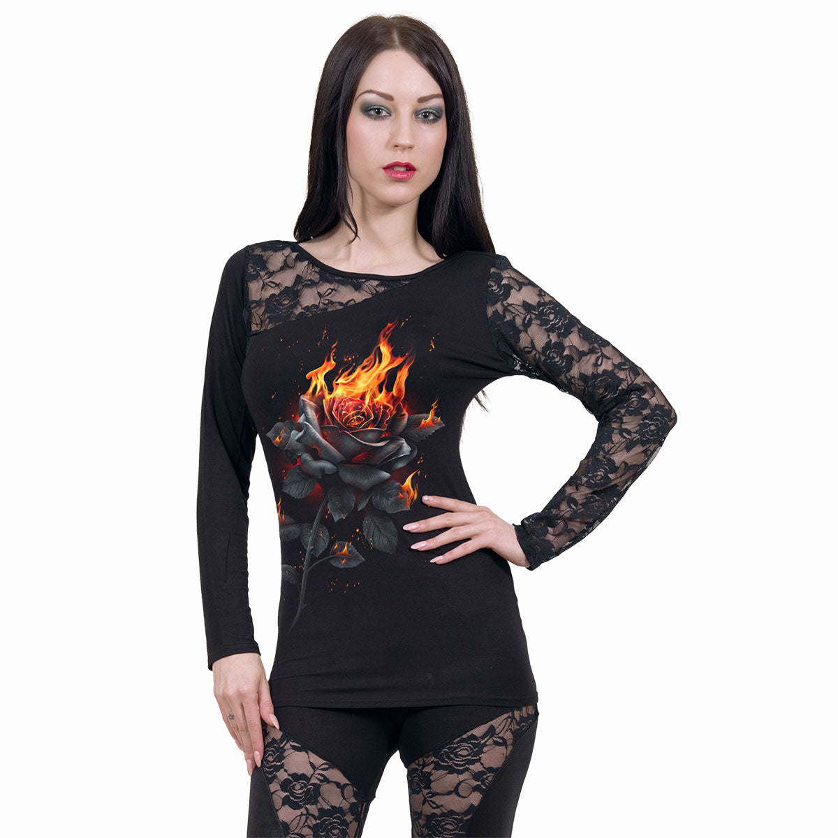 FLAMING ROSE - Lace One Shoulder Top Black