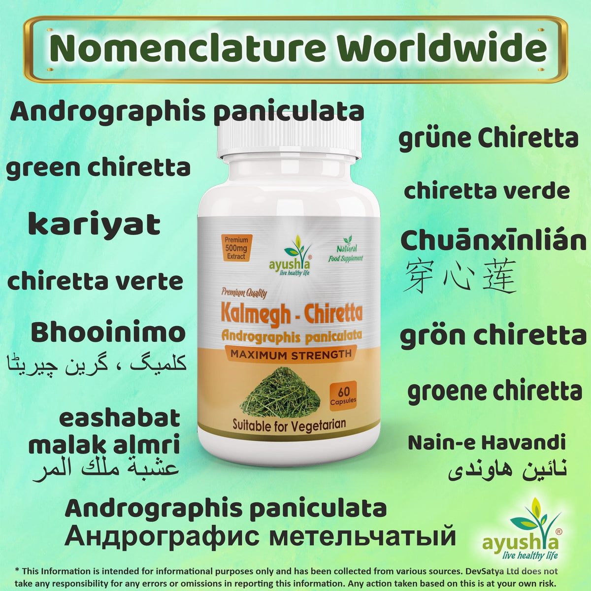 Ayushya Andrographis Kalmegh Chirata Capsules Liver & Immune Wellness Support - Vegan, Gluten Free, Non-GMO, 60 Capsules