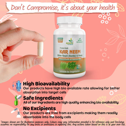 Ayushya KarNeem Capsules (Karela & Neem Blend) Glucose Wellness Support - Vegan, Gluten Free, Non-GMO, 60 Capsules