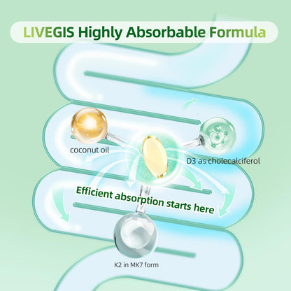 LIVEGIS Vitamin D3 K2 Softgels - 10000 IU D3 + 200 mcg MK-7 with Coconut Oil, 90 Count