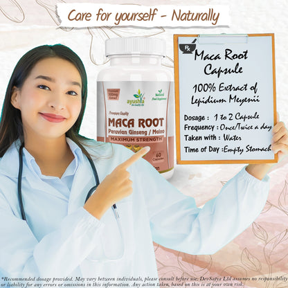 Ayushya Maca Root Capsules (Peruvian Ginseng) Energy & Stamina Support - Vegan, Gluten Free, Non-GMO, 60 Capsules