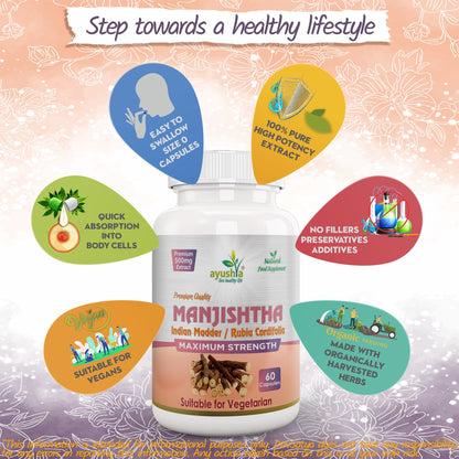 Ayushya Manjistha with Sarsaparilla Capsules (Indian Madder) Skin Clarity Support - Vegan, Gluten Free, Non-GMO, 60 Capsules