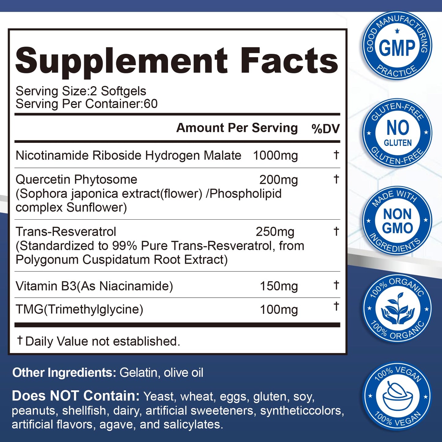 NAD Supplement Softgels 1700mg – NR, Quercetin Phytosome, Trans-Resveratrol & TMG | 360-Count (180 Days)