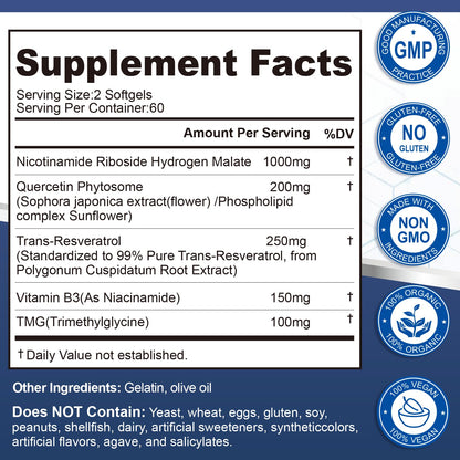 NAD Supplement Softgels 1700mg – NR, Quercetin Phytosome, Trans-Resveratrol & TMG | 360-Count (180 Days)