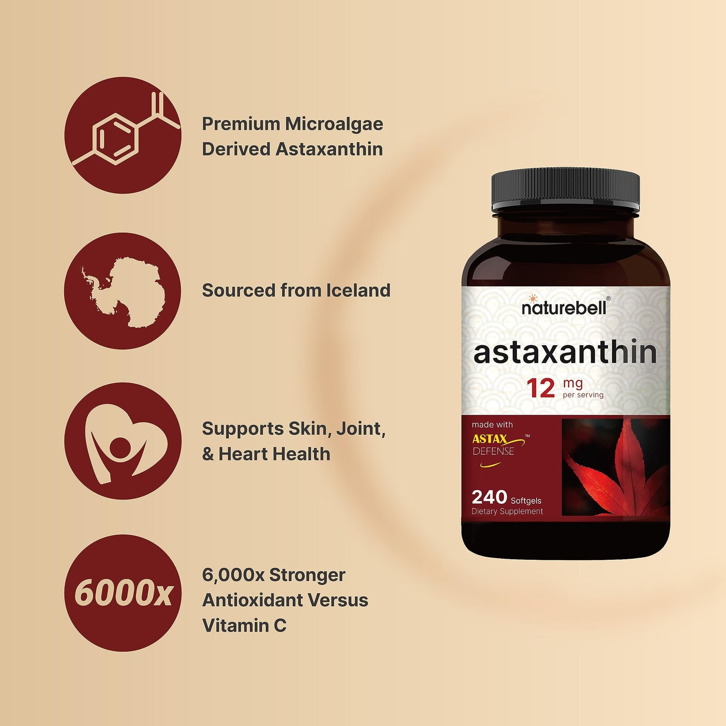NatureBell Astaxanthin 12mg, 240 Softgels – AstaX Antioxidant Support