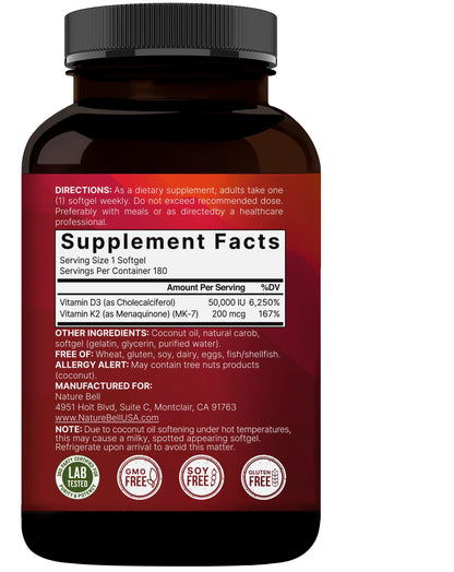 NatureBell Vitamin D3 50,000 IU + K2 200 mcg — Weekly Softgel with Coconut Oil (MK-7, Non-GMO)
