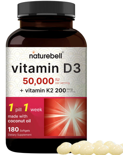 NatureBell Vitamin D3 50,000 IU + K2 200 mcg — Weekly Softgel with Coconut Oil (MK-7, Non-GMO)