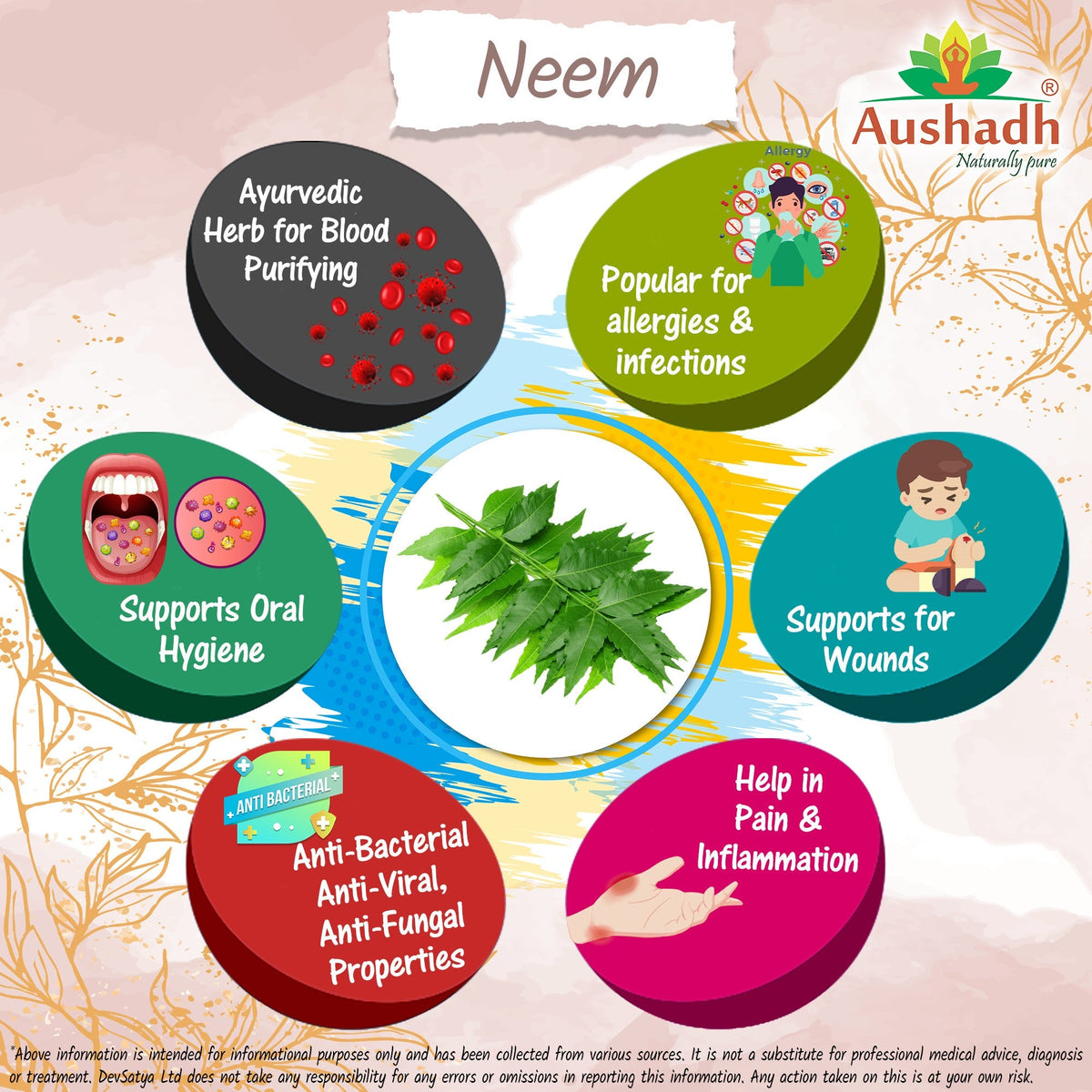 Aushadh Neem Capsules (Margosa) Skin & Immune Wellness Support - Vegan, Gluten Free, Non-GMO, 60 Capsules