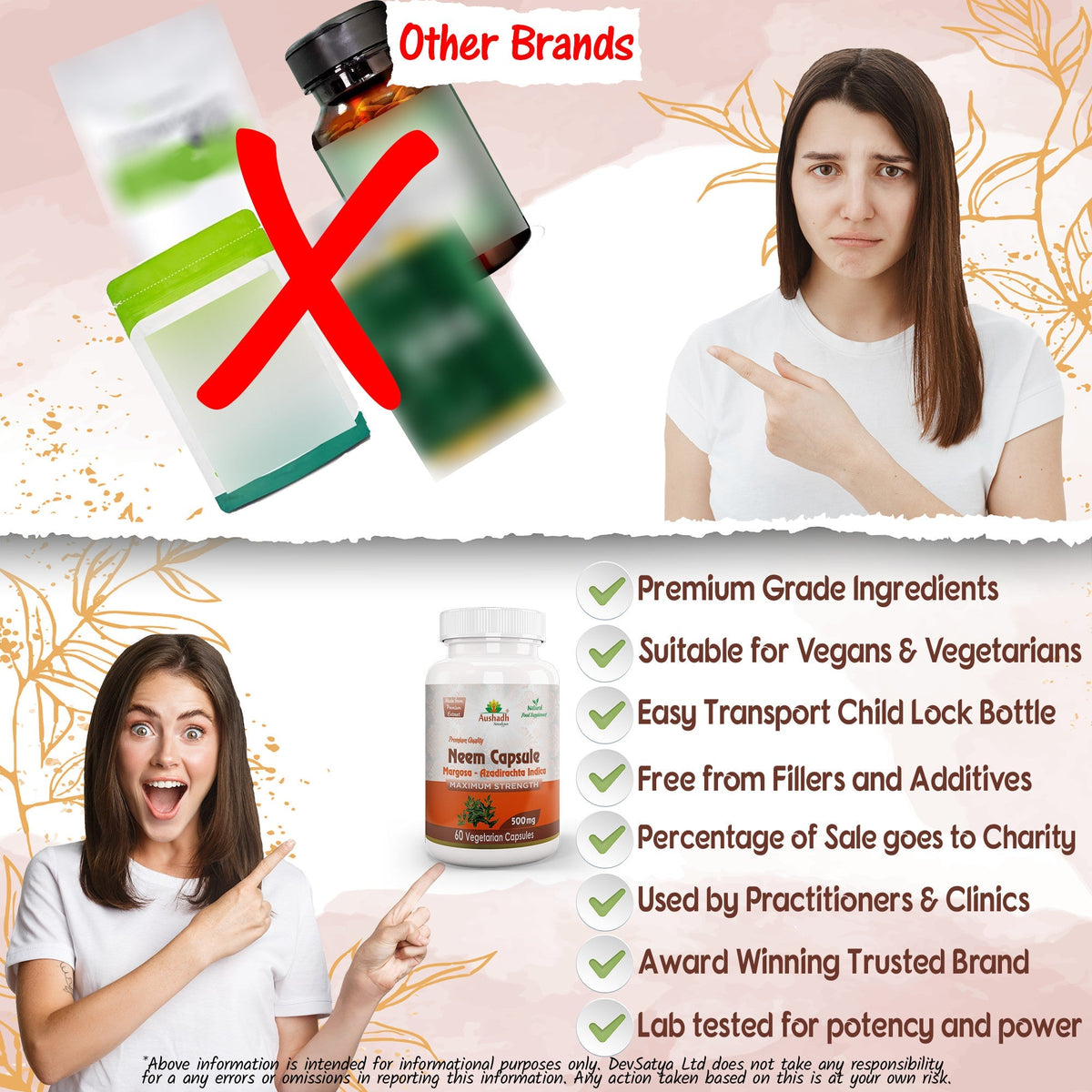 Aushadh Neem Capsules (Margosa) Skin & Immune Wellness Support - Vegan, Gluten Free, Non-GMO, 60 Capsules