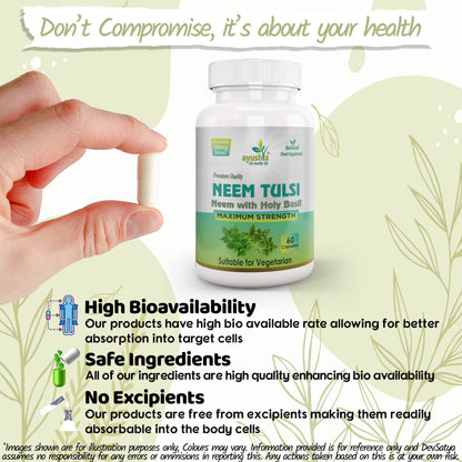 Ayushya Neem Tulsi Capsules Skin Clarity & Immune Wellness Support - Vegan, Gluten Free, Non-GMO, 60 Capsules