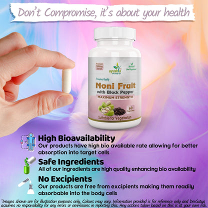 Ayushya Noni with Black Pepper Capsules (Indian Mulberry) Immune Wellness & Antioxidant Support - Vegan, Gluten Free, Non-GMO, 60 Capsules