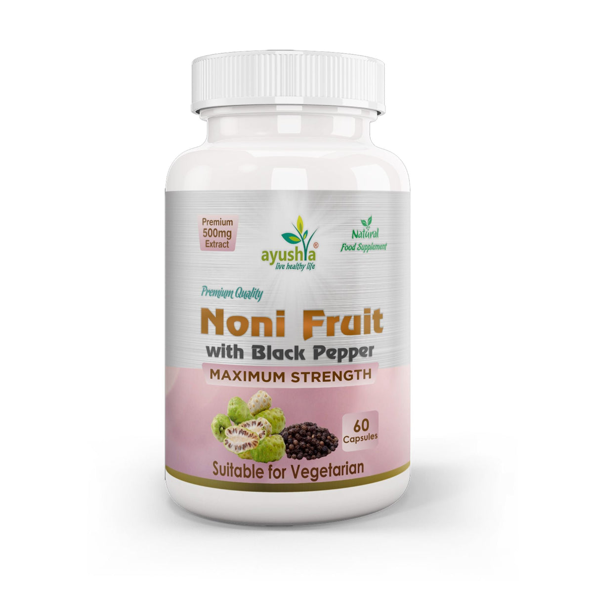 Ayushya Noni with Black Pepper Capsules (Indian Mulberry) Immune Wellness & Antioxidant Support - Vegan, Gluten Free, Non-GMO, 60 Capsules