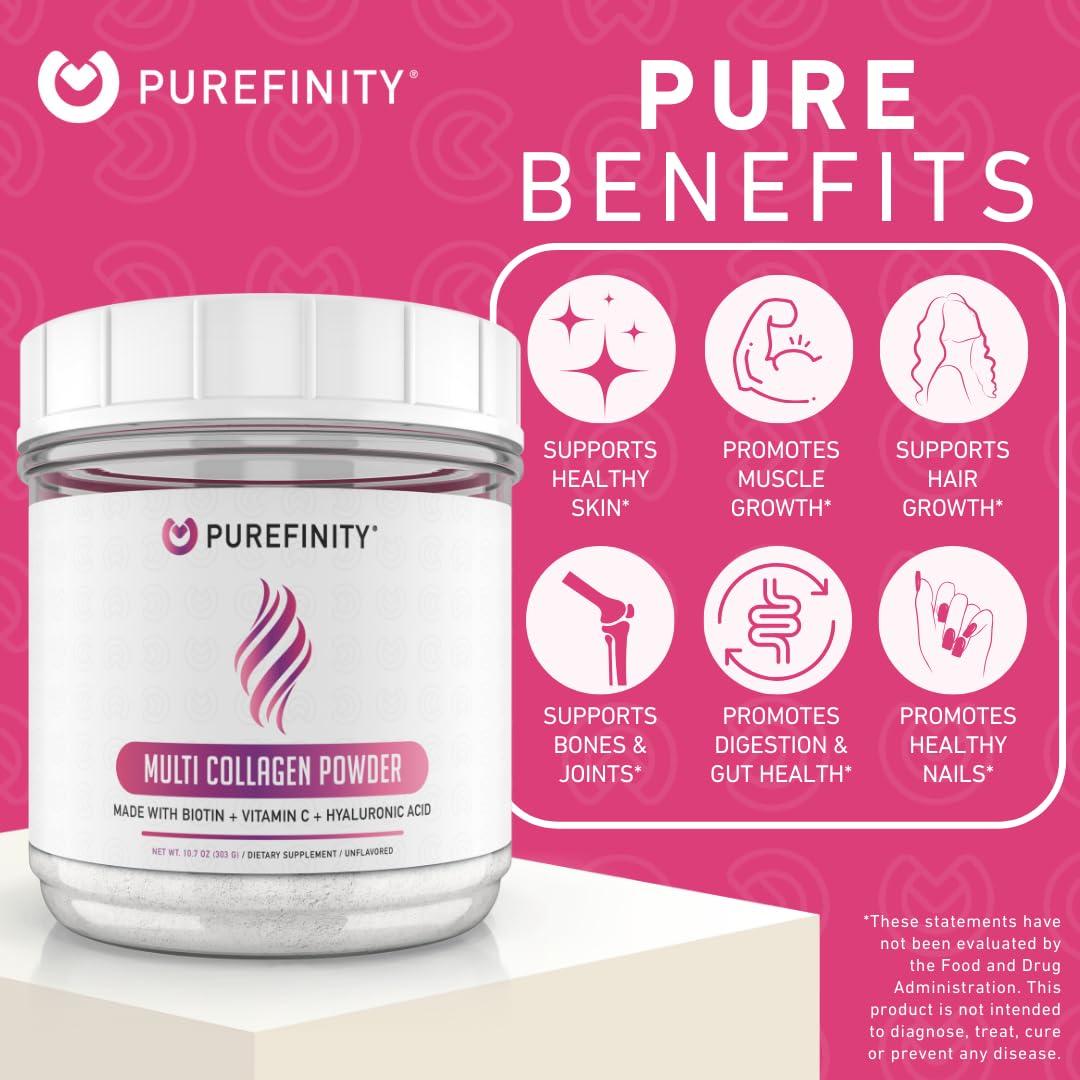 PUREFINITY Collagen Peptides for Women – Type I/II/III/V & X, Biotin & Hyaluronic Acid, 10.7oz