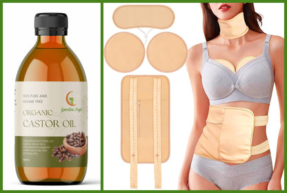 Organic Castor Oil 4 Piece Pack with a Body, a Neck & a Chest/Breast Wrap (Up to 40" Waist)