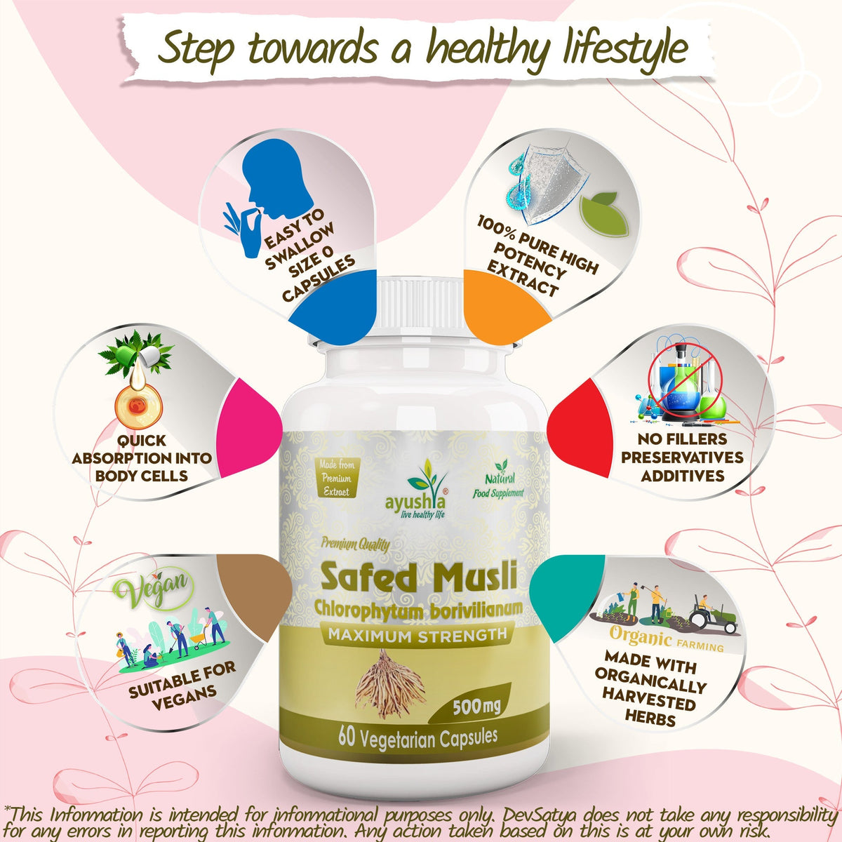 Ayushya Safed Musli Capsules (Chlorophytum Borivilianum) Strength & Stamina Support - Vegan, Gluten Free, Non-GMO, 60 Capsules