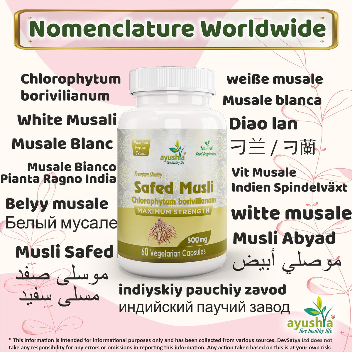 Ayushya Safed Musli Capsules (Chlorophytum Borivilianum) Strength & Stamina Support - Vegan, Gluten Free, Non-GMO, 60 Capsules