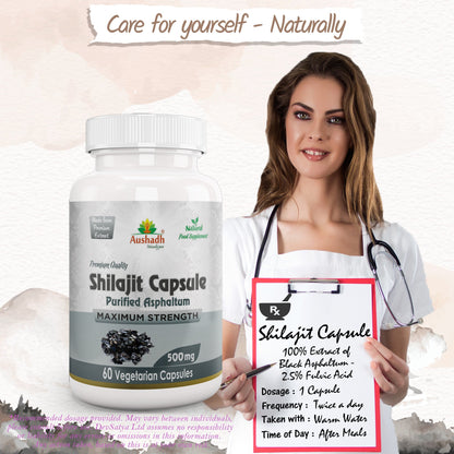 Aushadh Shilajit Capsules (Mineral Pitch) Energy & Vitality Support - Vegan, Gluten Free, Non-GMO, 60 Capsules