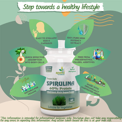 Ayushya Spirulina Capsules (Blue-Green Algae) Energy & Nutrition Support - Vegan, Gluten Free, Non-GMO, 60 Capsules