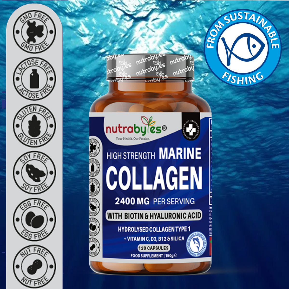 Marine Collagen 2400mg Capsules with Hyaluronic Acid, Biotin & Vitamin C