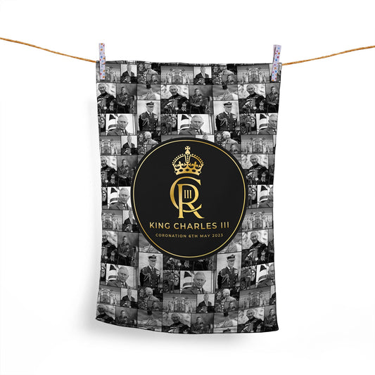 King Charles Coronation - B&W Collage - Lightweight, Microfibre Tea Towel