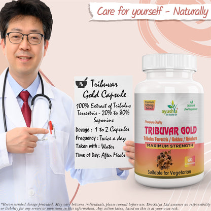 Ayushya Tribuvar Gold (Tribulus Terrestris) Capsules (Gokshura, Gokhru) Vitality & Urinary Wellness Support - Vegan, Gluten Free, Non-GMO, 60 Capsules