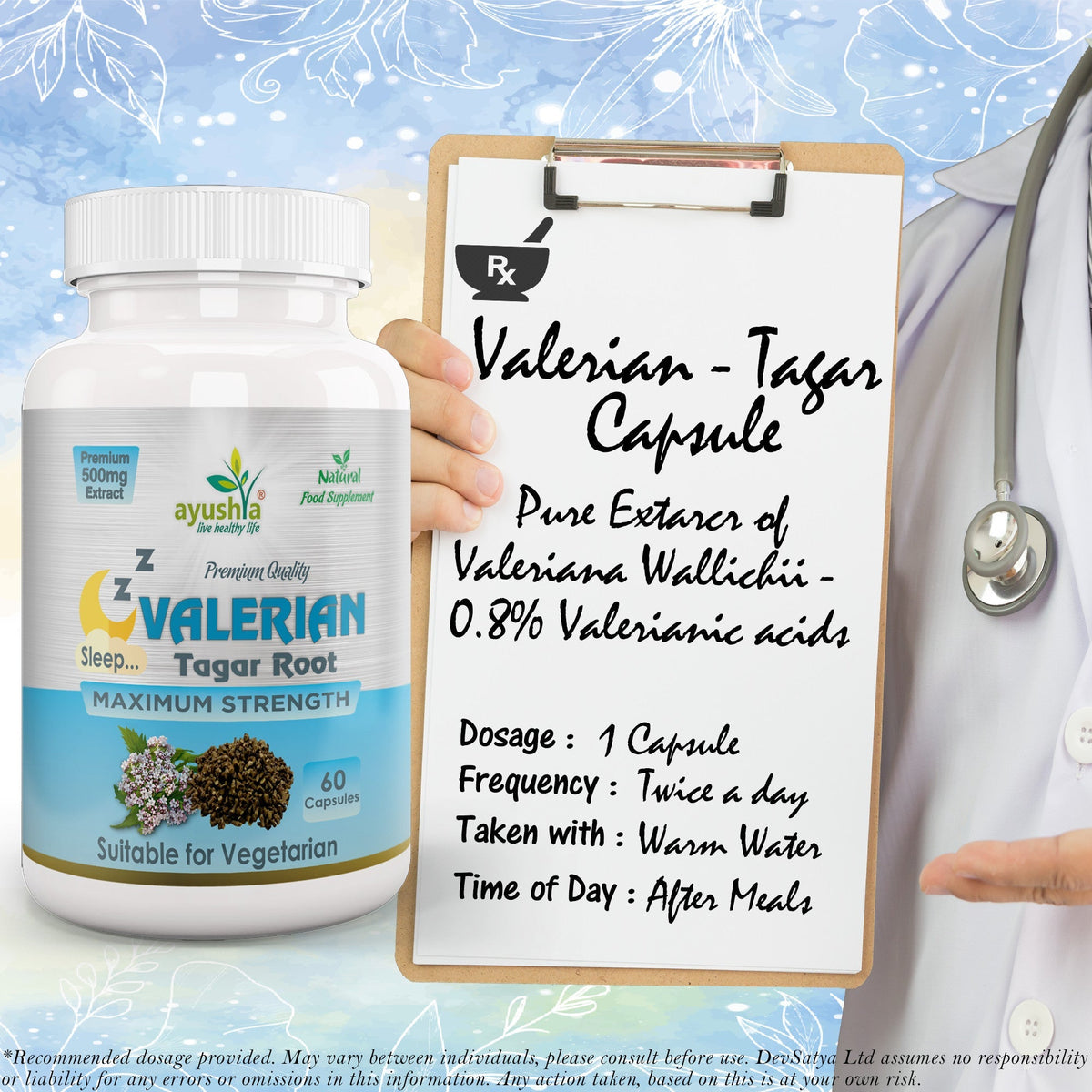 Ayushya Valerian Capsules (Tagar) Restful Sleep Support - Vegan, Gluten Free, Non-GMO, 60 Capsules