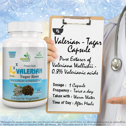 Ayushya Valerian Capsules (Tagar) Restful Sleep Support - Vegan, Gluten Free, Non-GMO, 60 Capsules