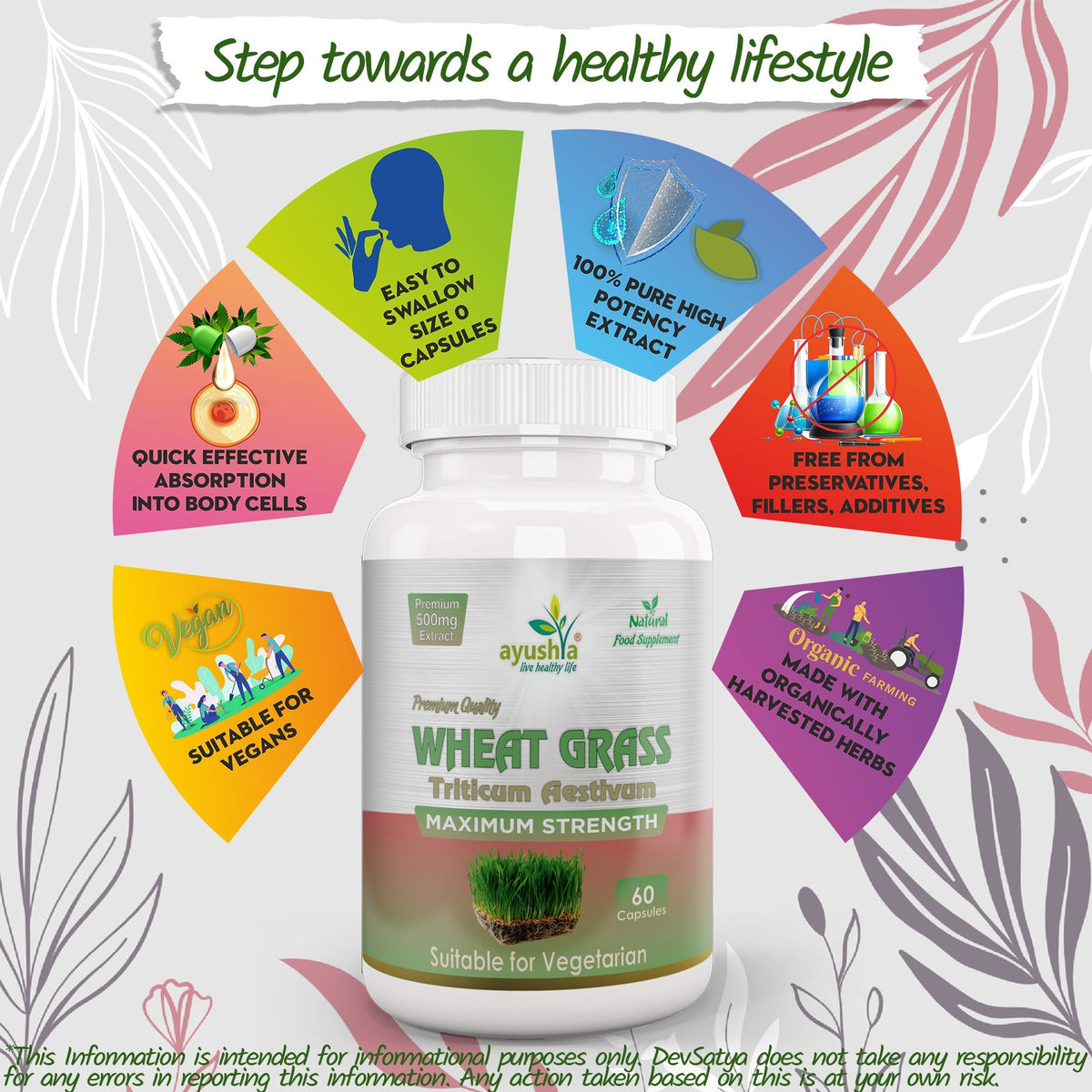Ayushya Wheat Grass Capsules (Wheatgrass) Daily Greens & Antioxidant Support - Vegan, Gluten Free, Non-GMO, 60 Capsules