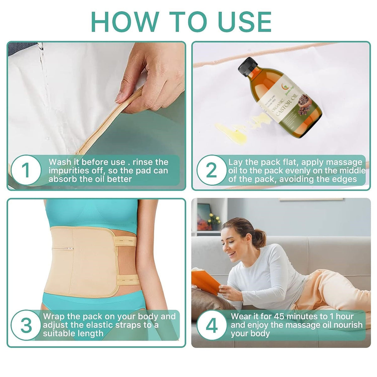 Organic Castor Oil 4 Piece Pack with a Body, a Neck & a Chest/Breast Wrap (Up to 40" Waist)
