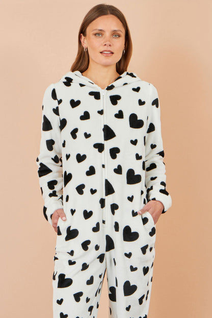 Yumi White Heart Print Onesie With Pockets