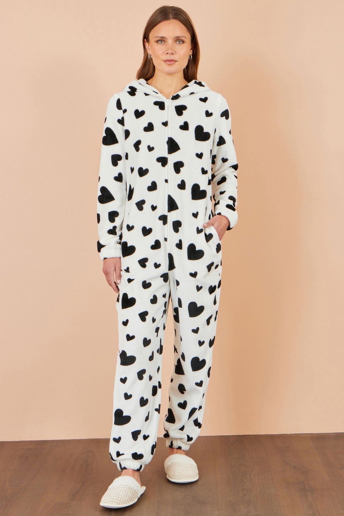 Yumi White Heart Print Onesie With Pockets
