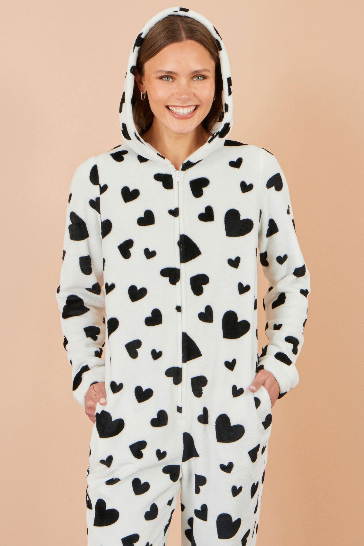 Yumi White Heart Print Onesie With Pockets