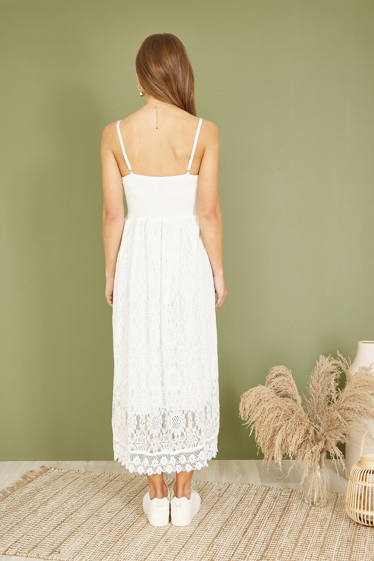 Yumi White Lace Midi Sundress With Tassel Tie and Ruched Back