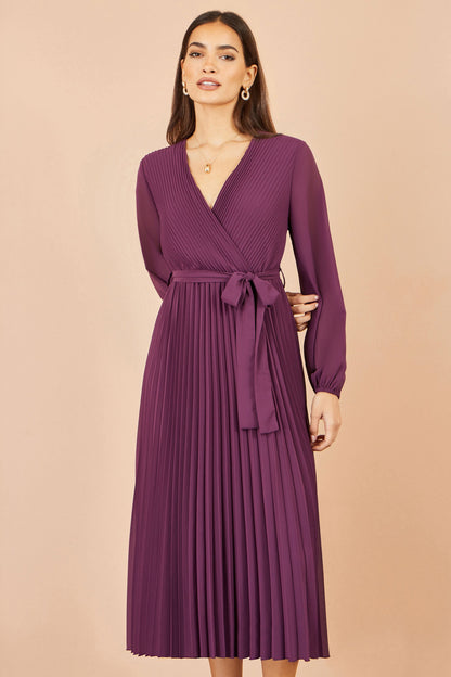 Yumi Purple Pleated Wrap Midi Dress