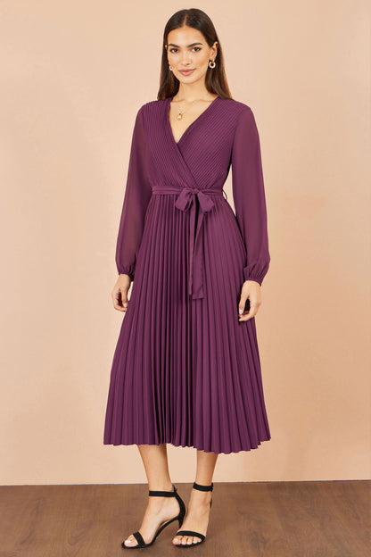 Yumi Purple Pleated Wrap Midi Dress