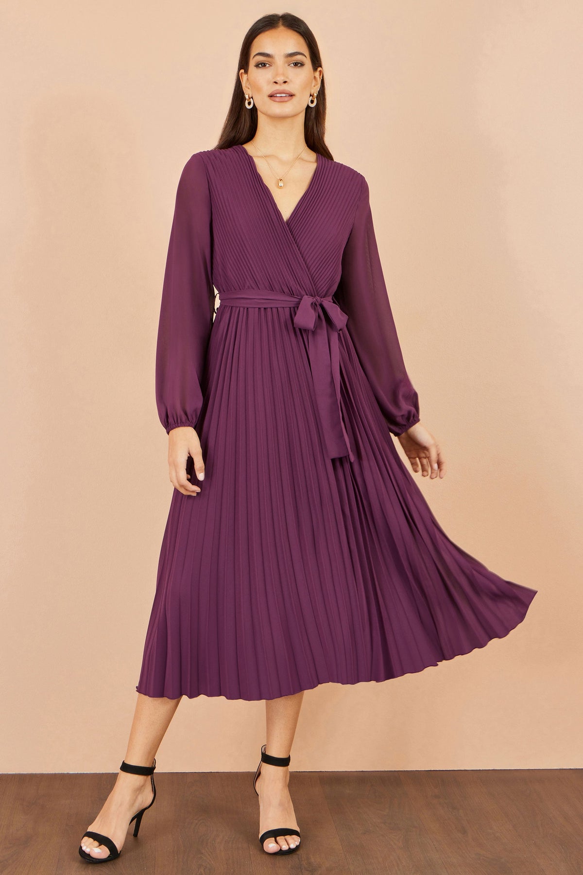 Yumi Purple Pleated Wrap Midi Dress