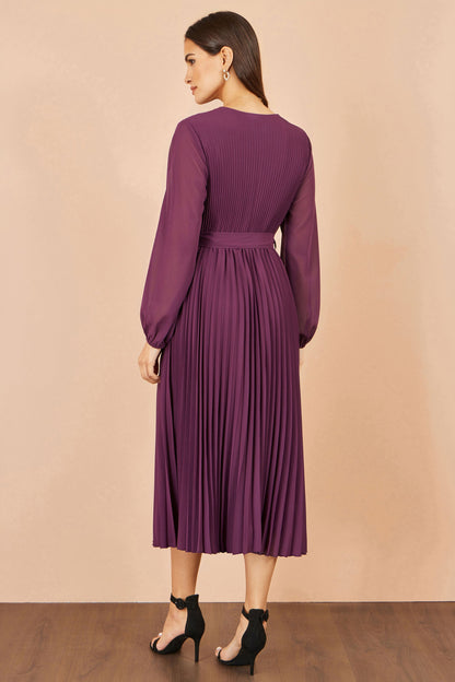 Yumi Purple Pleated Wrap Midi Dress